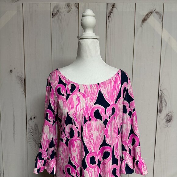 Lilly Pulitzer Sophie Ruffle Dress Pink Flamingo High Tide M UPF 50 EUC - Picture 5 of 11